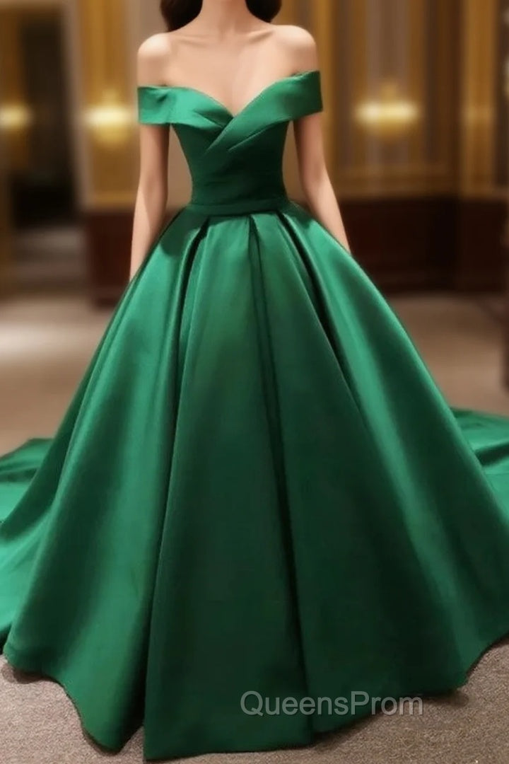 Green Satin Evening Prom Dress Long Off The Shoulder Ball Gowns Quinceanera Dress Main image