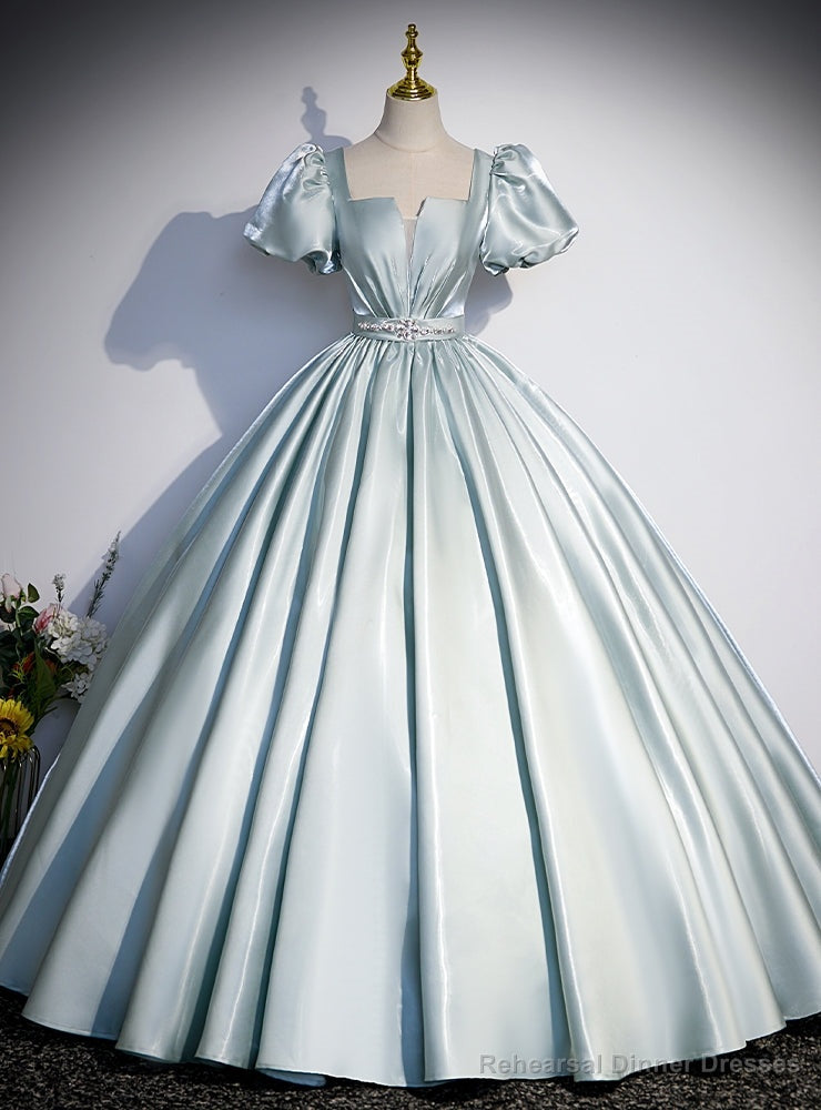 Green Satin Puff Sleeve Sequare Quinceanera Dress Main image