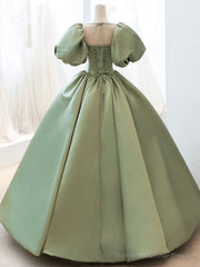 Green Satin Puffy Sleeves Long Formal Dress, Green Satin Prom Dress Party Dress