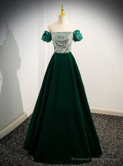 Green Satin Sequins Puff Sleeve Prom Dress