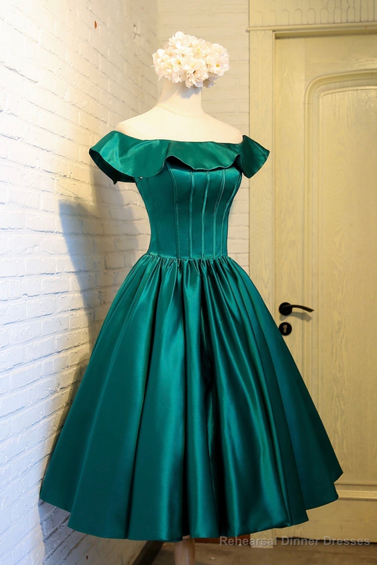 Green Satin Short Homecoming Dress, Cute Off the Shoulder Knee Length Prom Dress Secondary image