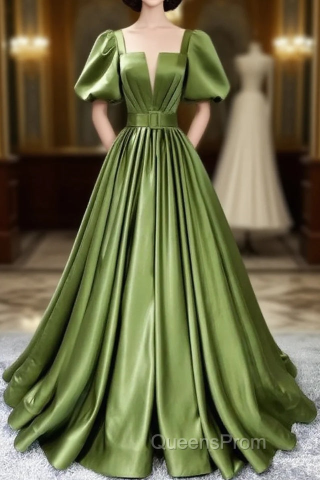 Green Satin Short Sleeves Long Evening Party Dress, Green Formal Party Dress Main image