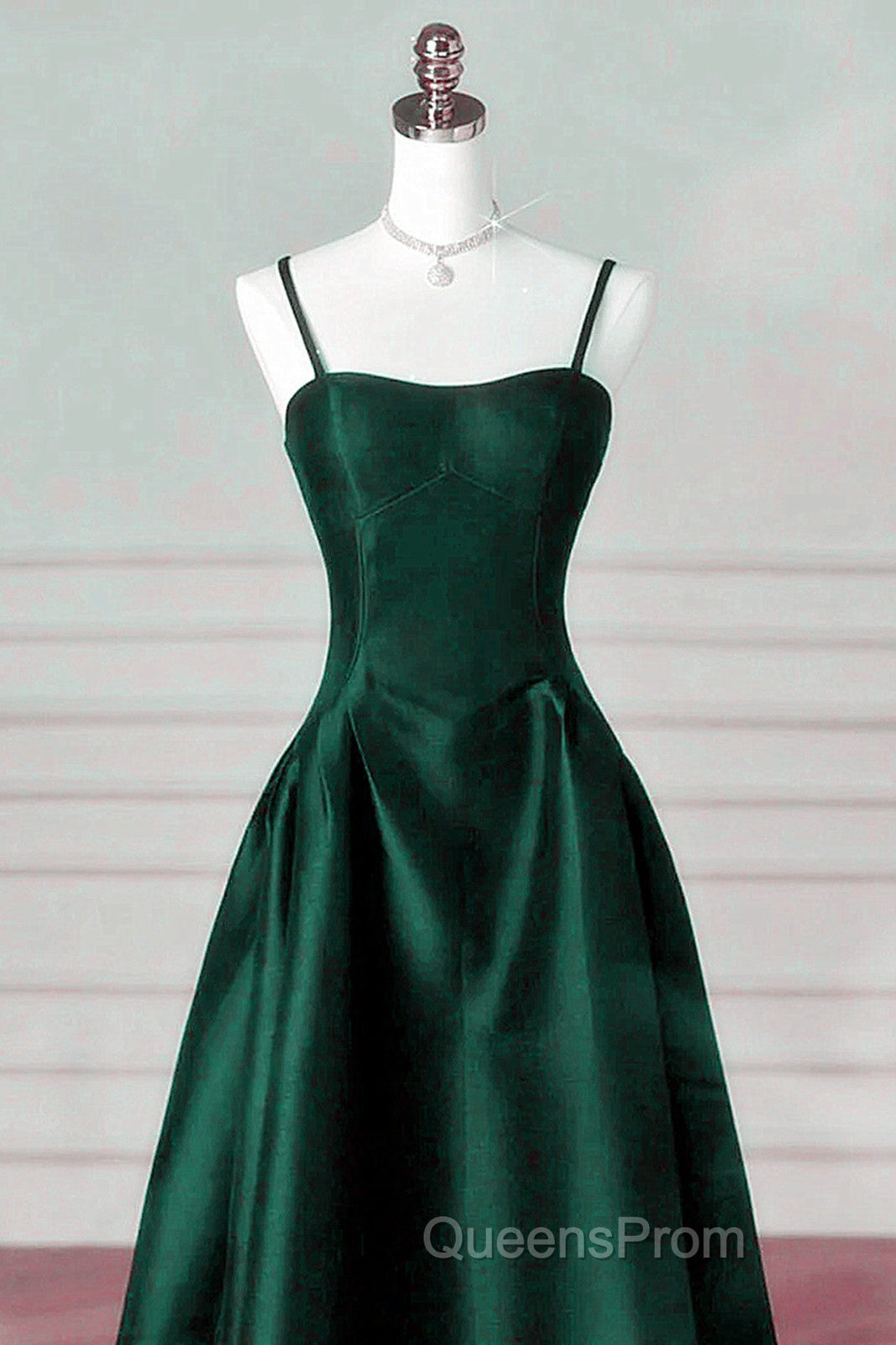Green Satin Simple A-Line Floor Length Party Dress, Green Satin Straps Evening Prom Dress Secondary image