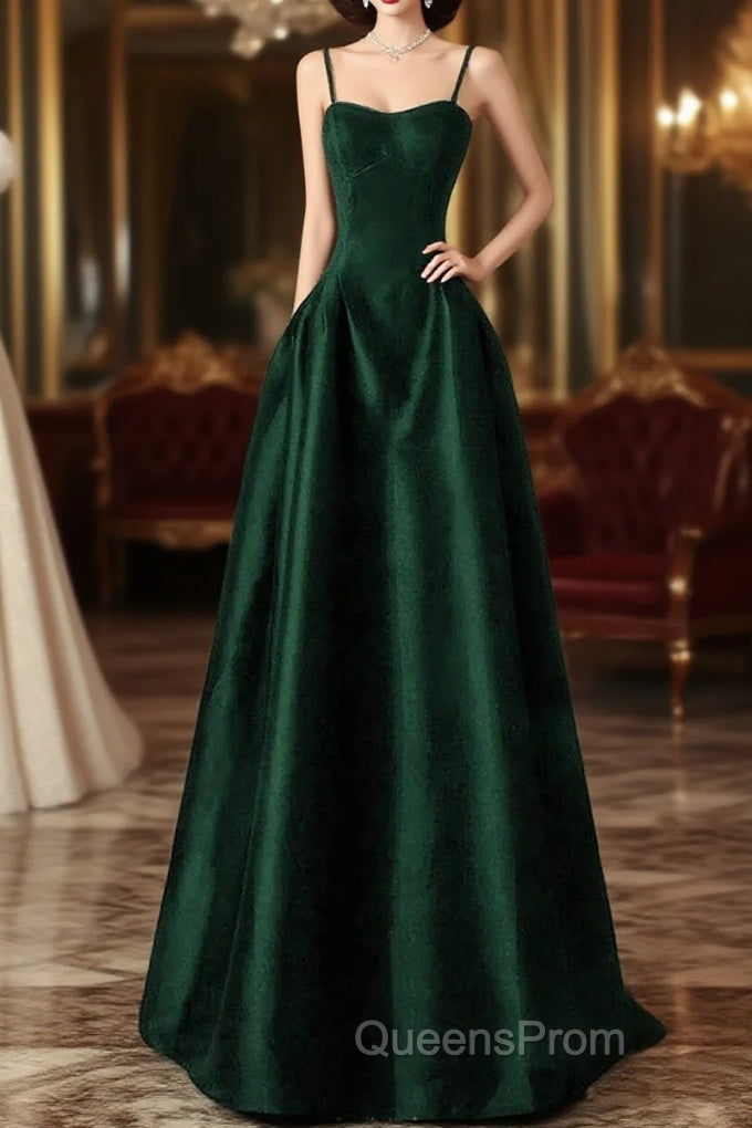 Green Satin Simple A-Line Floor Length Party Dress, Green Satin Straps Evening Prom Dress Main image