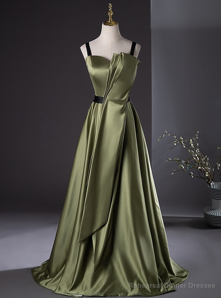 Green Satin Spaghetti Straps Pleats Prom Dress Main image