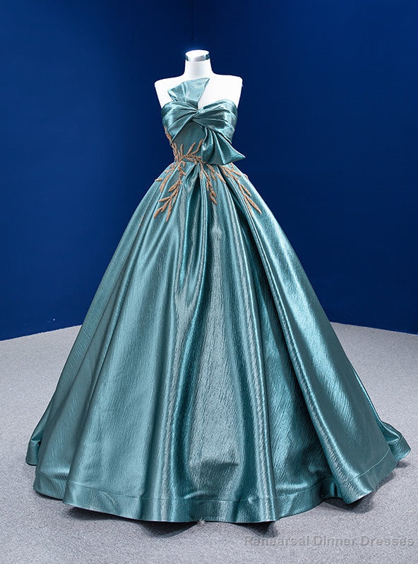 Green Satin Strapless Beading Prom Dress Main image