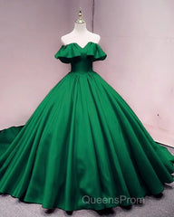 Green Satin Sweetheart Off Shoulder Ball Gown Long Sweet 16 Dress, Green Quinceanera Dress