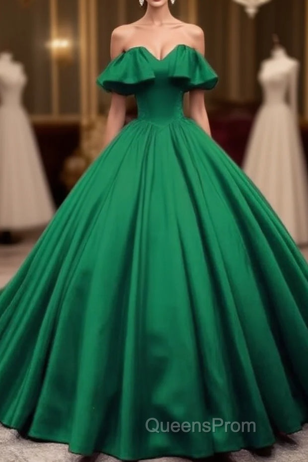 Green Satin Sweetheart Off Shoulder Ball Gown Long Sweet 16 Dress, Green Quinceanera Dress