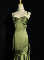 Green Satin Sweetheart Straps Long Classy Evening Dress, Long Green Classy Prom Dress