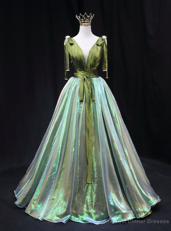 Green Satin V-neck Pleats V-neck Prom Dress Main image