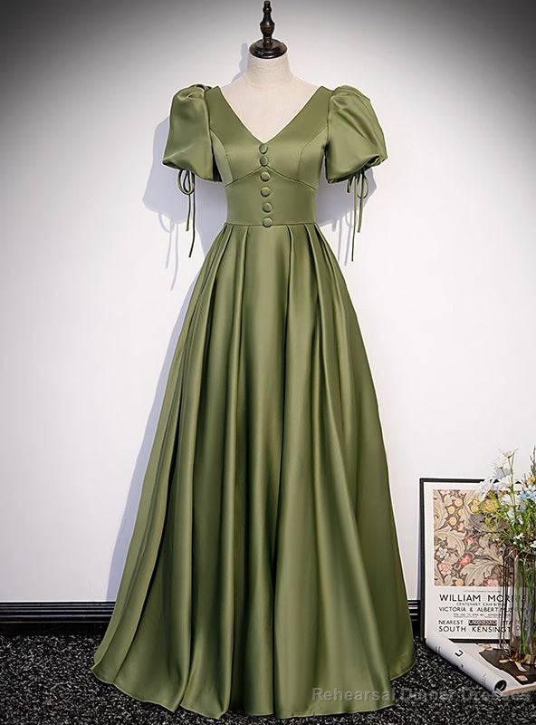 Green Satin V-neck Puff Sleeve Button Prom Dress Main image