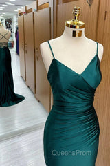 Green Satin V-Neckline Mermaid Straps Evening Gown, Green Satin Evening Prom Dress