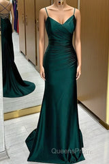 Green Satin V-Neckline Mermaid Straps Evening Gown, Green Satin Evening Prom Dress
