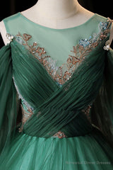 Green Scoop Neckline Tulle Formal Evening Dress, A-Line Long Sleeve Prom Dress