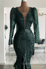 Green Sequin V Neck Mermaid Evening Prom Dress