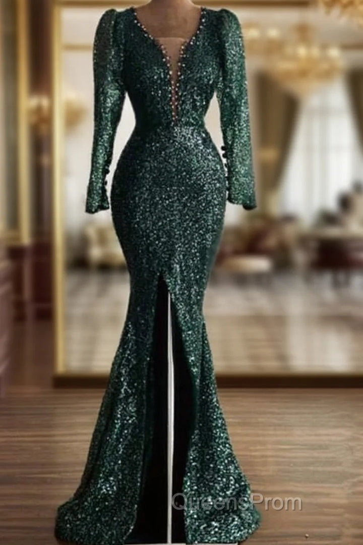 Green Sequin V Neck Mermaid Evening Prom Dress Main image