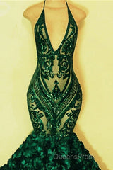 Green Sequinned Lace Rosette Mermaid Dress