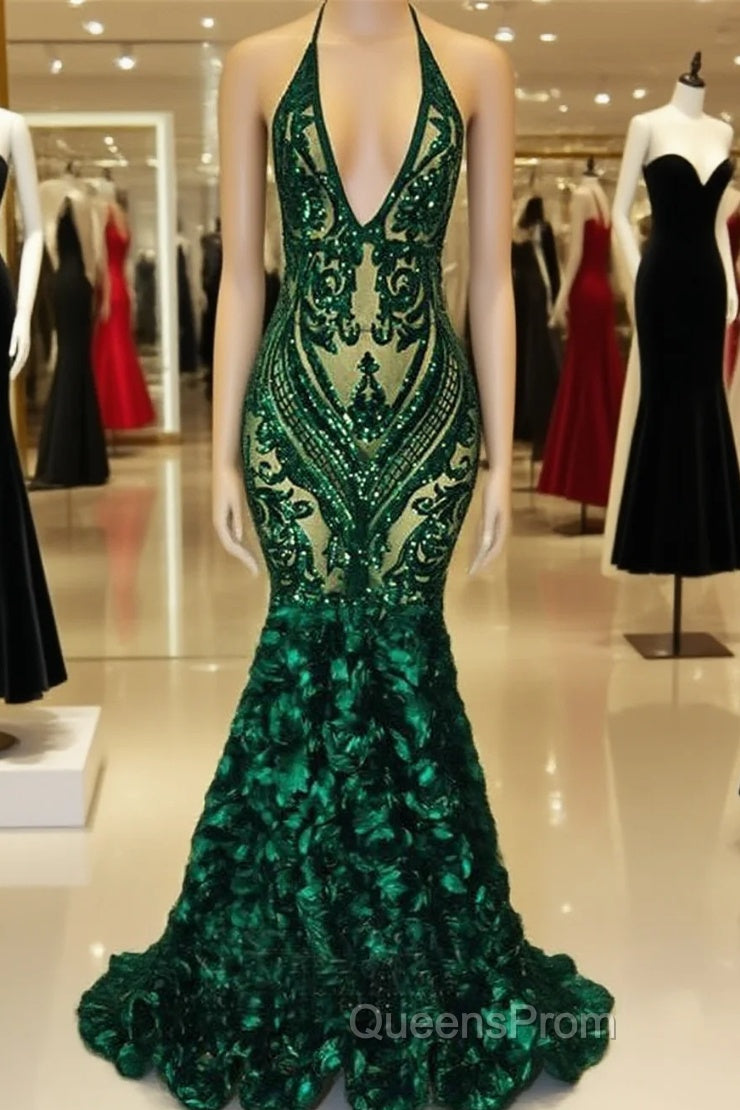 Green Sequinned Lace Rosette Mermaid Dress