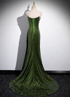 Green Sequins Long Mermaid Classy Prom Dress, Green Lace-Up Party Dress With Slit