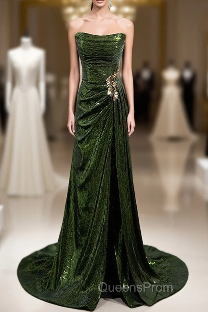 Green Sequins Long Mermaid Evening Prom Dress, Green Lace-Up Party Dress With Slit Main image