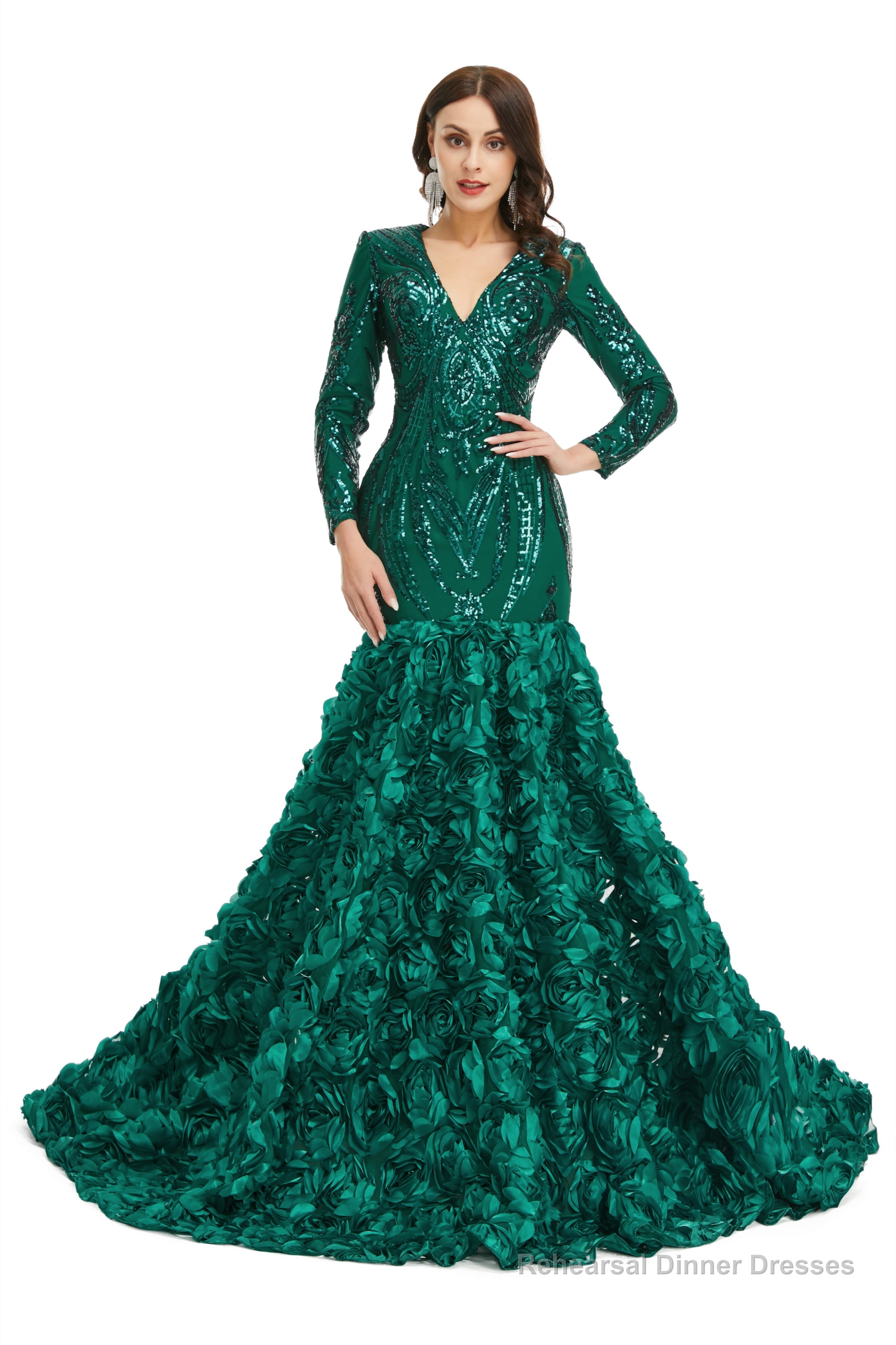 Sequins Mermaid Long V Neck Prom Dresses Full Sleeve