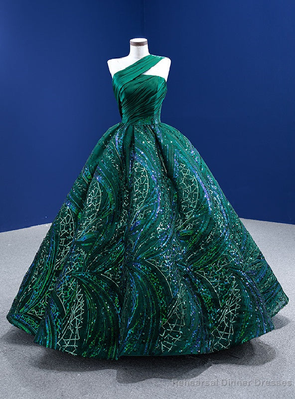 Green Sequins Satin One Shoulder Pleats Prom Dress Main image