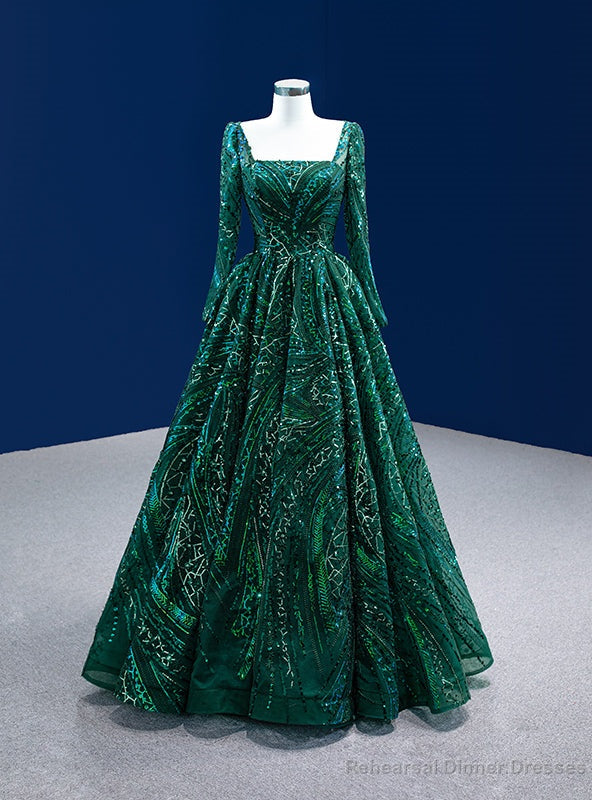 Green Sequins Square Long Sleeve Prom Dress Main image