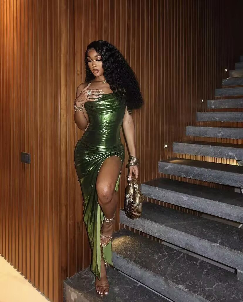 Green Sheath Long Classy Prom Dress With Slit Black Girl Classy Evening Dress