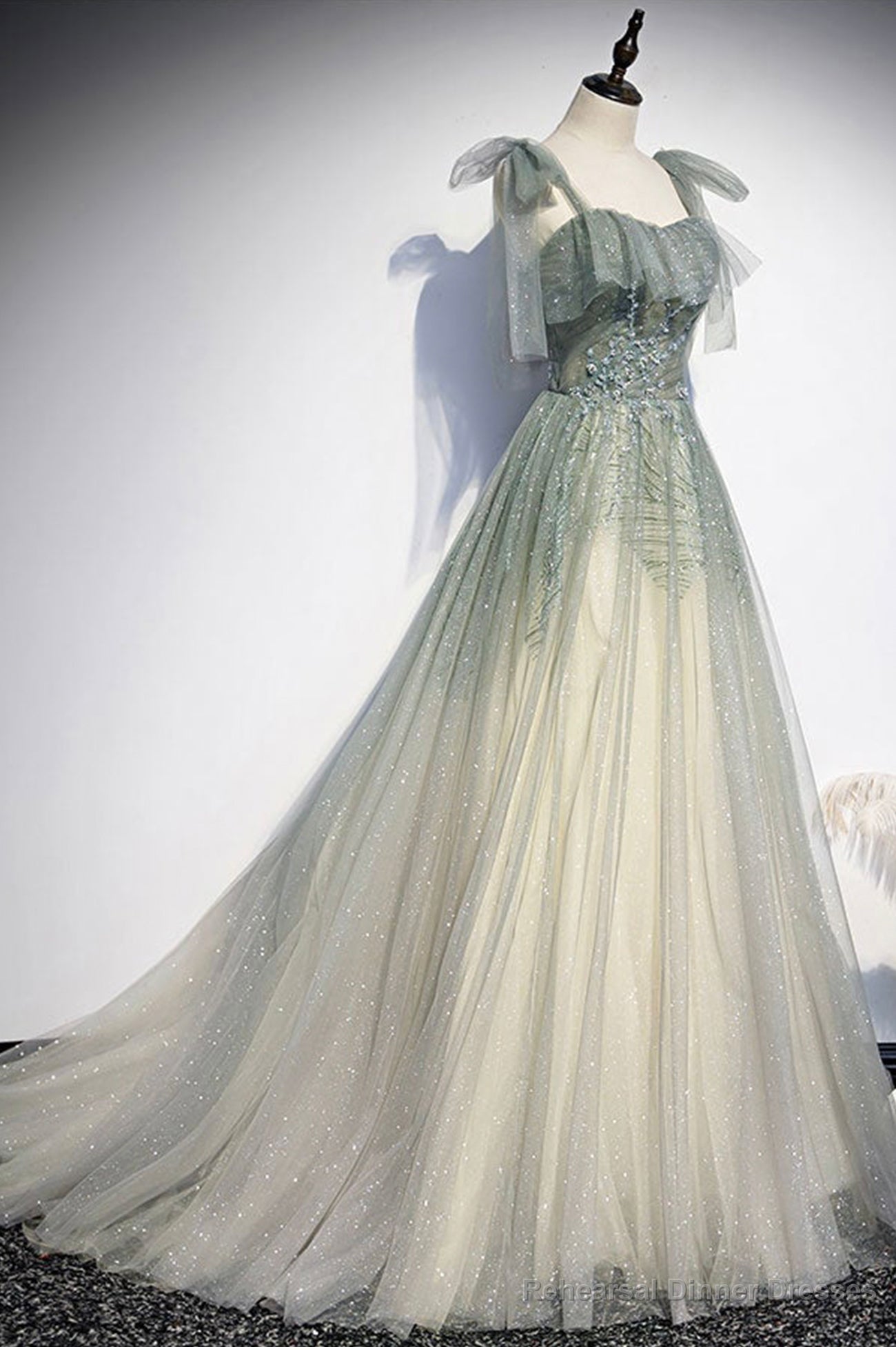 Green Shiny Tulle Long Formal Evening Dress, A-Line Graduation Dress Main image