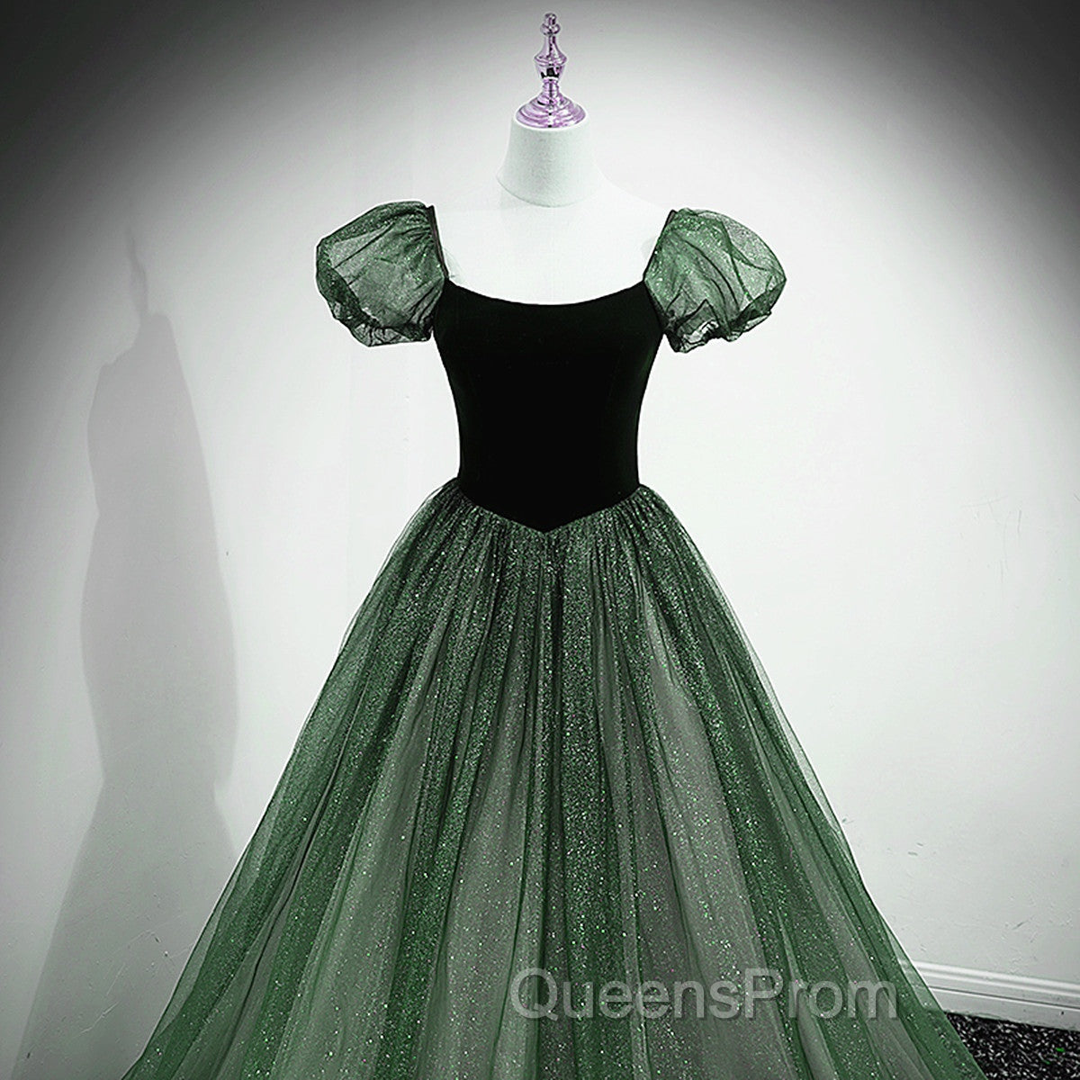 Green Shiny Tulle Short Sleevse Long Formal Dress, Green A-Line Evening Prom Dress Party Dress Secondary image
