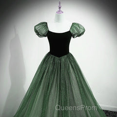 Green Shiny Tulle Short Sleevse Long Formal Dress, Green A-Line Evening Prom Dress Party Dress