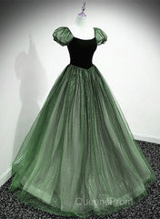 Green Shiny Tulle Short Sleevse Long Formal Dress, Green A-Line Evening Prom Dress Party Dress
