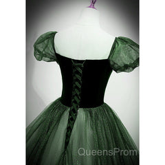 Green Shiny Tulle Short Sleevse Long Formal Dress, Green A-Line Evening Prom Dress Party Dress
