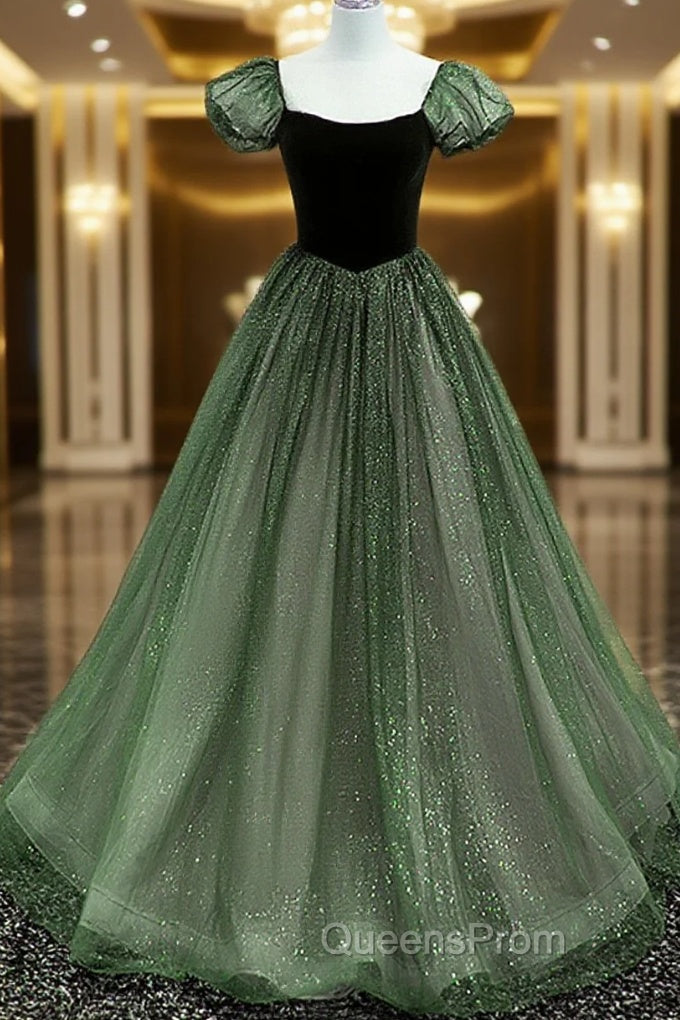 Green Shiny Tulle Short Sleevse Long Formal Dress, Green A-Line Evening Prom Dress Party Dress Main image