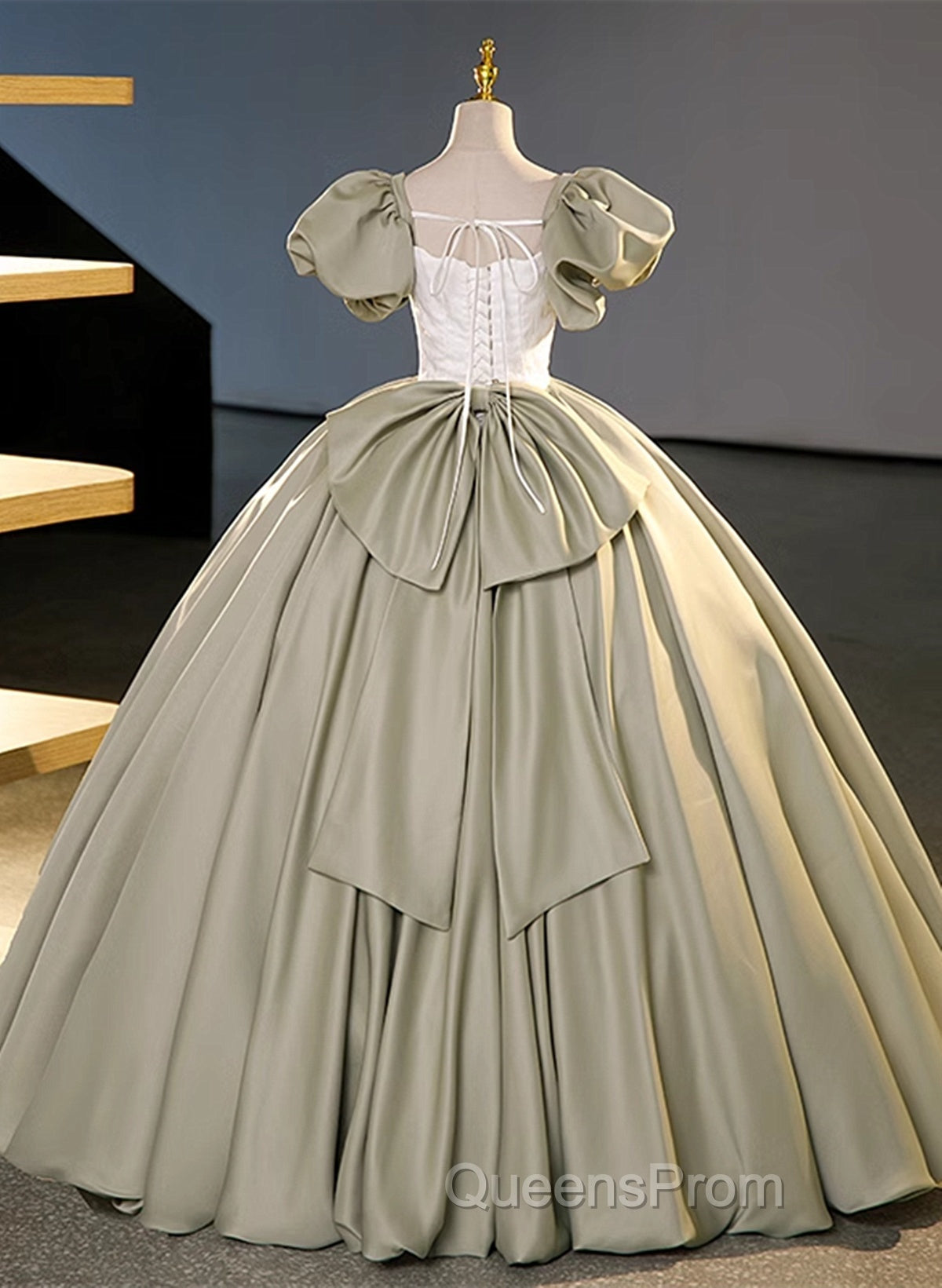 Green Short Sleeves Ball Gown Satin Long Party Dress, Green Long Formal Dress Secondary image