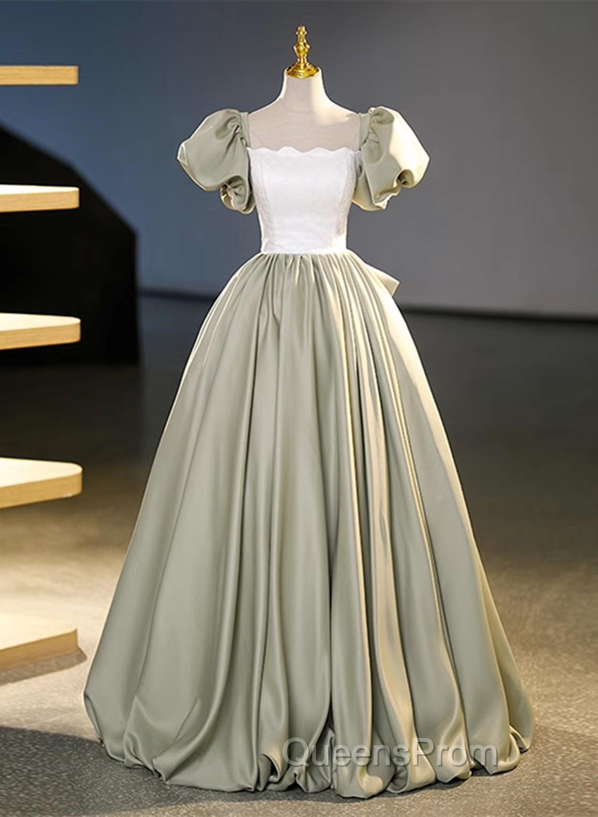 Green Short Sleeves Ball Gown Satin Long Party Dress, Green Long Formal Dress