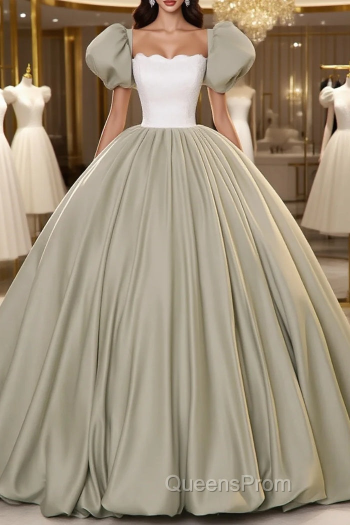 Green Short Sleeves Ball Gown Satin Long Party Dress, Green Long Formal Dress Main image