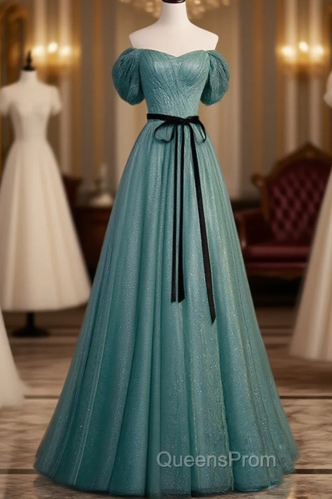 Green Simple Sweetheart Off Shoulder Long Party Dress, Green Tulle Evening Dress Main image