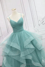 Green Spaghetti Strap Long Prom Dress, Green V-Neck Tulle Evening Dress