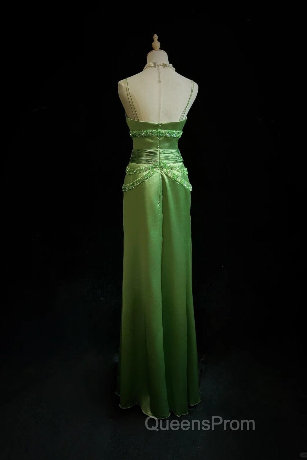 Green Spaghetti Strap Sheath Satin Beaded Evening Prom Dress Evening Gown Secondary image