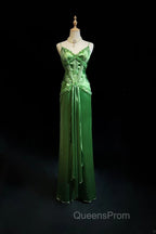 Green Spaghetti Strap Sheath Satin Beaded Evening Prom Dress Evening Gown