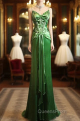 Green Spaghetti Strap Sheath Satin Beaded Evening Prom Dress Evening Gown