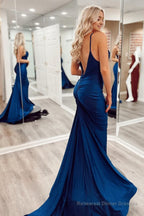 Green Spaghetti Straps Satin Backless Mermaid Prom Dress
