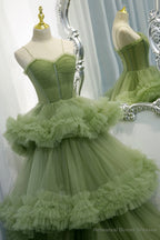 Green Spaghetti Straps Tulle Layers Long Formal Dress, Green Evening Party Dress