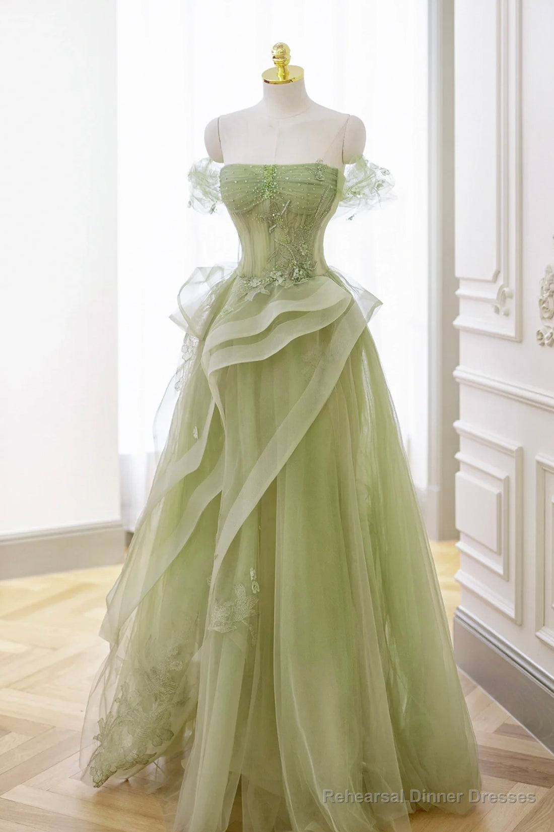 Green Strapless Prom Dress Off the Shoulder A Line Lace Printed Dress Main image