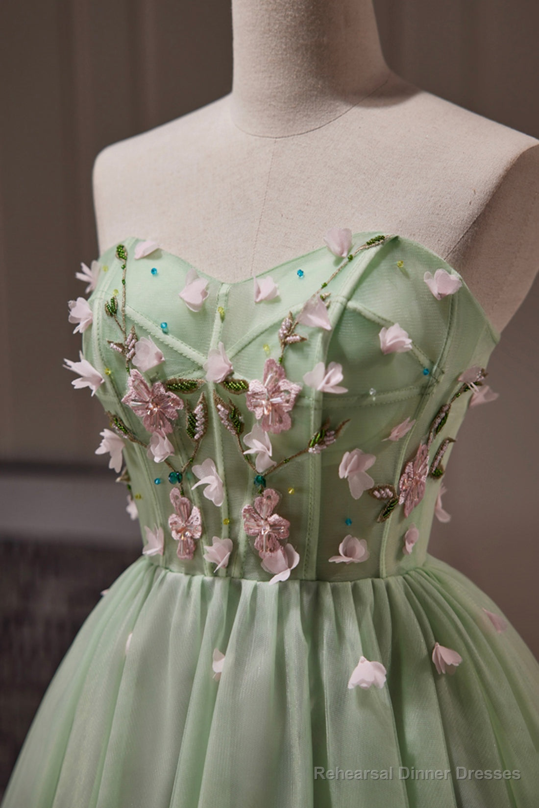 Green Strapless Tulle Short Prom Dress with Lace, Green Party Dress Secondary image