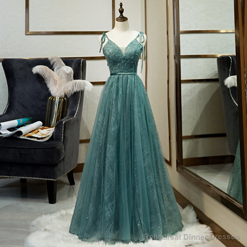 Green Straps V-neckline Floor Length Party Dress, Simple Junior Prom Dresses Main image