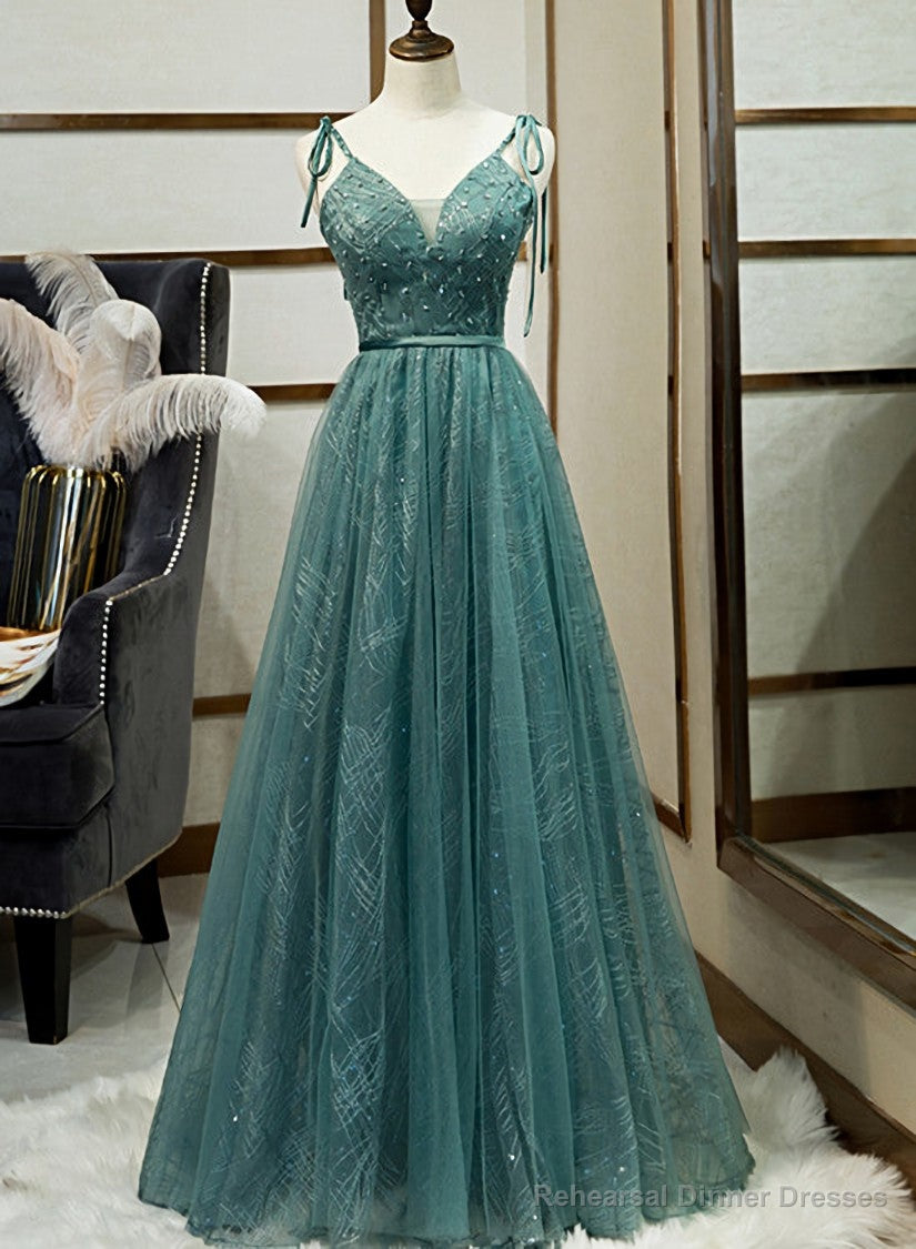 Green Straps V-neckline Floor Length Party Dress, Simple Junior Prom Dresses Secondary image