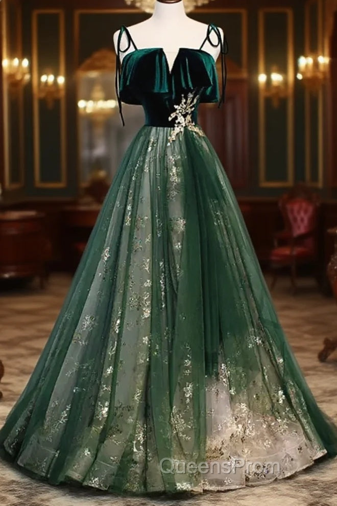 Green Straps Velvet Long Lace Evening Prom Dress Main image