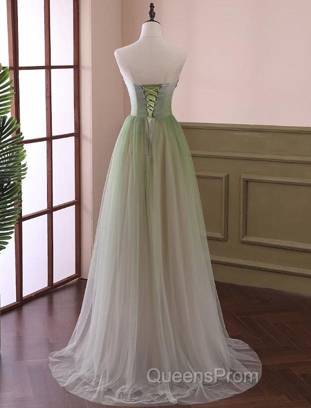Green Sweetheart Gradient Beaded Tulle Floor Length Party Dress, Green Junior Evening Prom Dress Secondary image